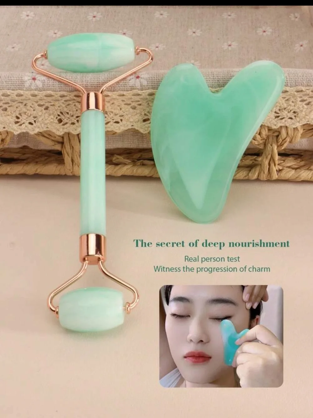 Facial New Jade Roller & Gua Sha Set in Mint Green